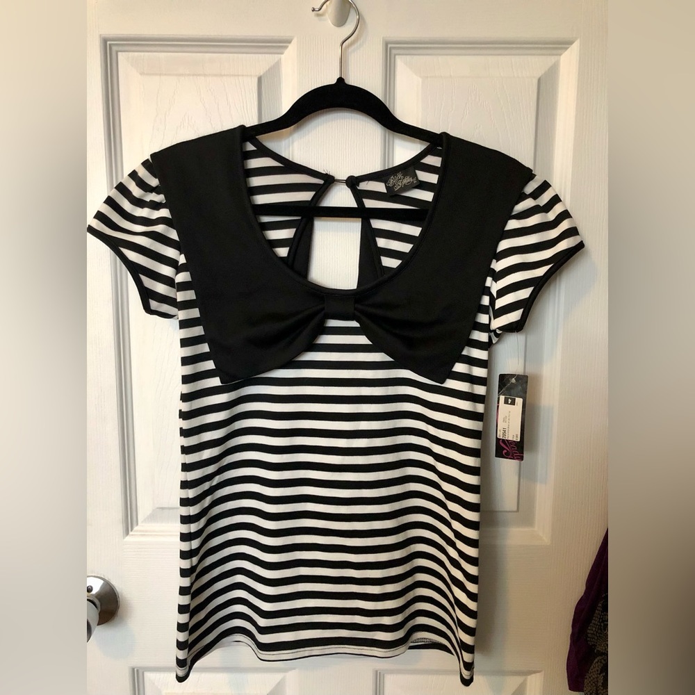 XL Black & White Striped Sailor Bow Top